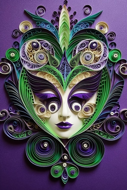 Photo un masque violet et vert sur fond violet image ai générative