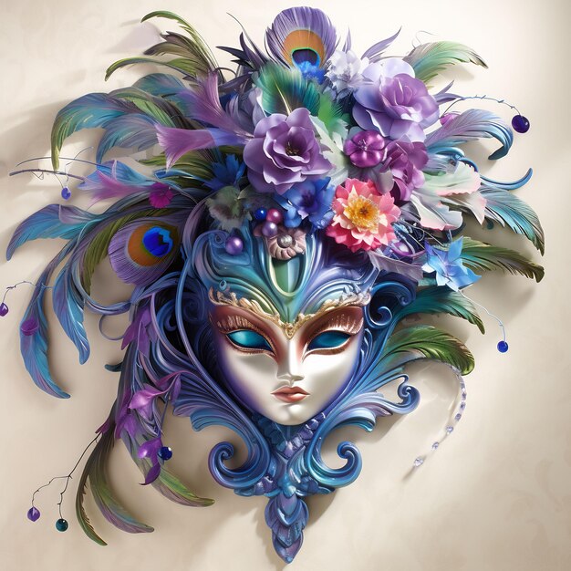 un masque avec un visage bleu et violet et des fleurs dessus.