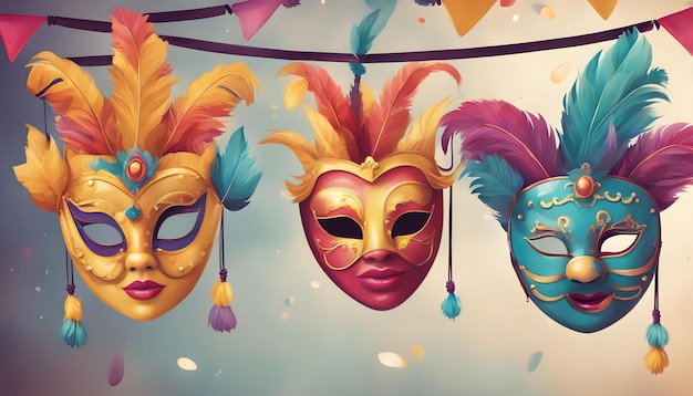 Des masques de carnaval sur une corde.