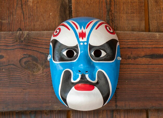 Masques chinois sur planches de bois, masques de théâtre