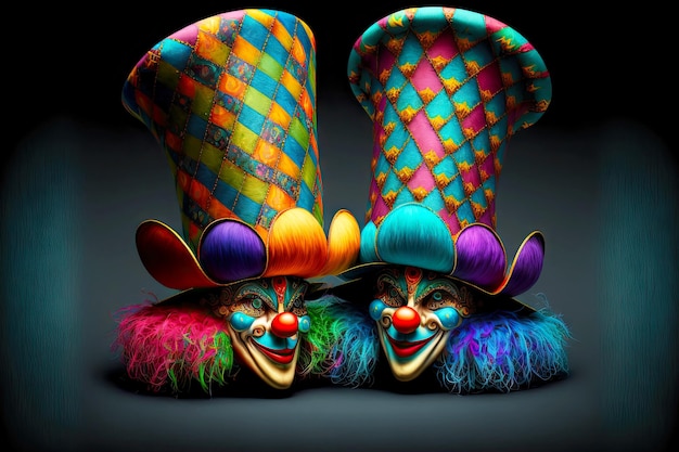 Masques de clowns effrayants satisfaits dans de grands cylindres et des perruques lumineuses