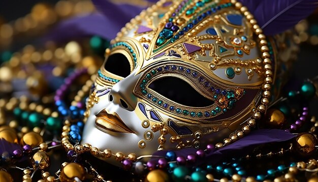 Photo des masques et des costumes colorés au défilé de mardi gras générés par l'ia