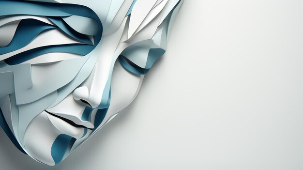 Photo des masques en papier bleu 3d sur un fond blanc, avec des abstractions minimalistes contemplatives. les masques sont ornés de couleurs argentées et teal claires, présentant des hyper-détails réalistes.