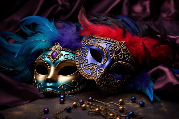 Masques avec des plumes et un collier à merdi gras