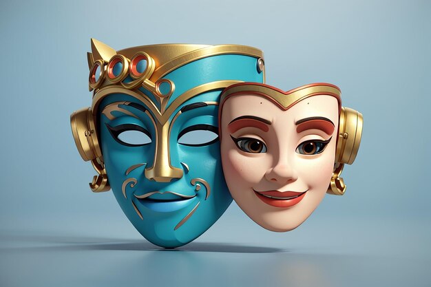 Masques de théâtre 3D pour la tragédie, le drame et la comédie Icon de billet de cinéma prêt à regarder le film dans le théâtre Film multimédia pour le service de divertissement Icon de cinéma 3D Vector render illustration