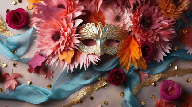 Des masques vénitiens colorés avec des plumes sur un fond de bois sombre