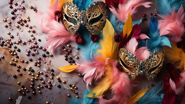 Des masques vénitiens colorés avec des plumes sur un fond de bois sombre