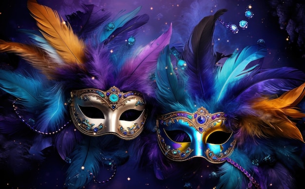 Des masques vénitiens jumeaux ornés de plumes vibrantes et de bijoux sur un fond cosmique mystique