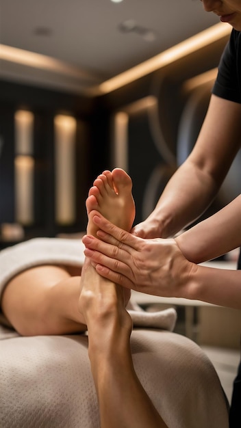 Massage sur le pied dans le salon de spa de près