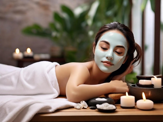 Massage de spa pour jeune femme avec masque facial sur le visage à l'intérieur Traitement de beauté du visage de spa