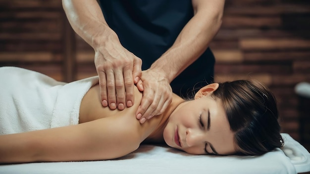 Le masseur fait un massage sur l'épaule féminine dans le salon de beauté