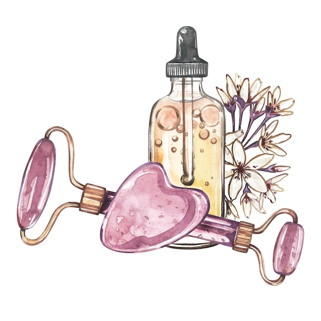 Masseur rouleau gua sha huile soins de la peau fleurs isolé sur blanc aquarelle dessin illustration