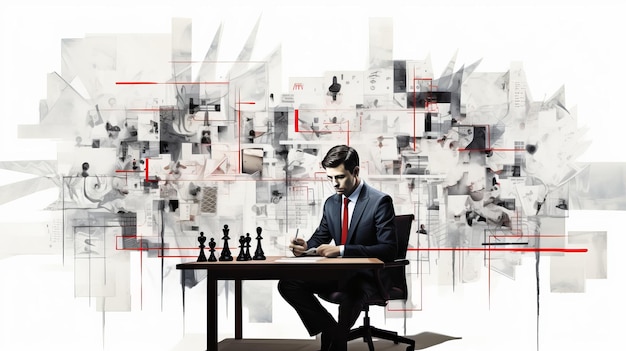 Mastermind déplace un collage créatif représentant les tactiques commerciales basées sur les échecs d'un PDG stratégique