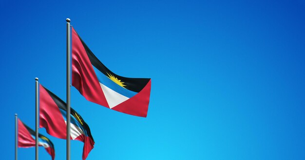 Mât de drapeau 3D battant Antigua-et-Barbuda dans le ciel bleu