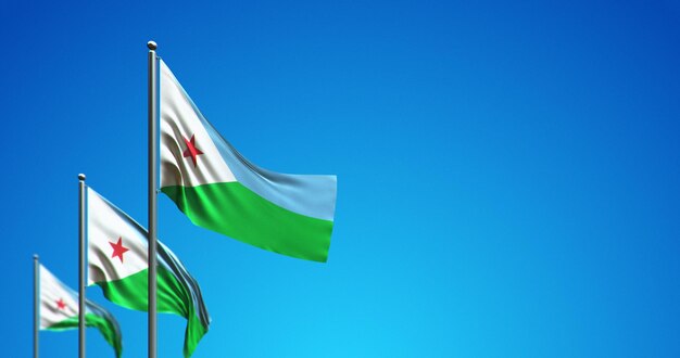 Mât de drapeau 3D battant Djibouti dans le ciel bleu