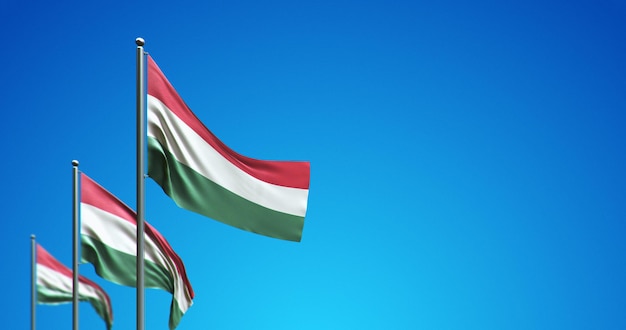 Mât de drapeau 3D battant la Hongrie dans le ciel bleu