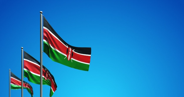 Mât de drapeau 3D battant le Kenya dans le ciel bleu