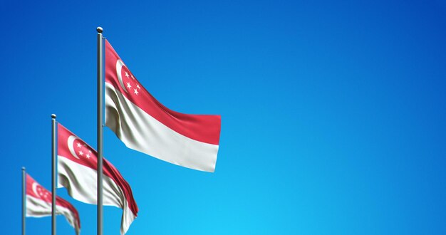 Mât de drapeau 3D battant Singapour dans le ciel bleu