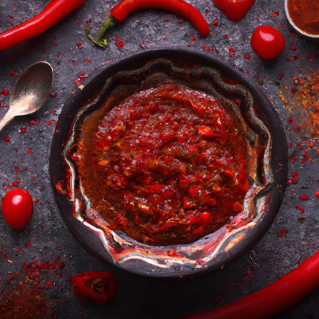 Photo matbucha trempette aux tomates marocaine sauce de tomate, d'ail et de piment dans un bol