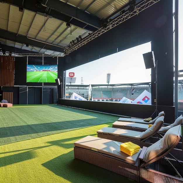 Photo un match de sport est sur un tapis vert dans une pièce avec un grand écran qui dit monde du football