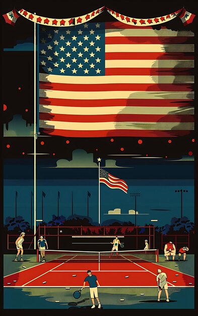 Match de tennis avec des gens jouant et regardant une grande affiche américaine Banner Design de collage de carte postale
