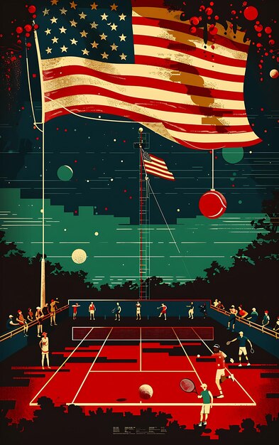 Match de tennis avec des gens jouant et regardant une grande affiche américaine Banner Design de collage de carte postale