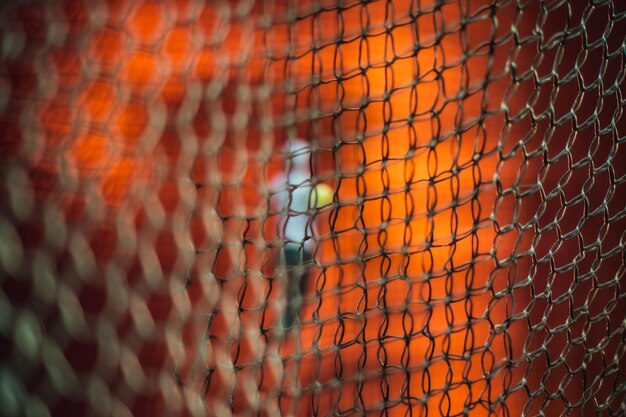 Un match de tennis vu à travers un treillis métallique créant une texture visuelle unique