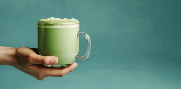 Matcha latte bleu lavande dans une tasse en verre à la main sur fond bleu