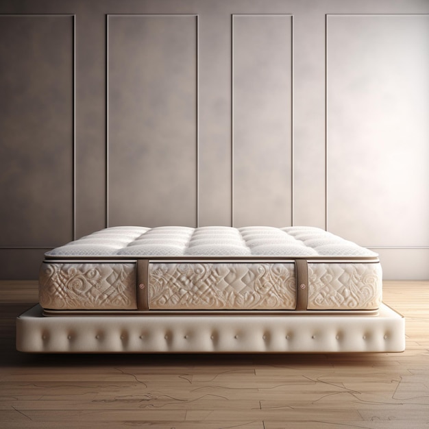 un matelas avec un matelas blanc dessus et un mur derrière