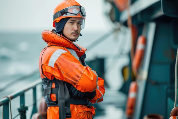 Matelot AB ou Bosun sur le pont d'un navire portant un casque d'équipement de protection individuelle