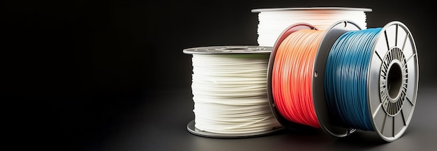 Photo matériau de filament en plastique pla et abs pour impression sur imprimante 3d en couleur isolat de fond noir