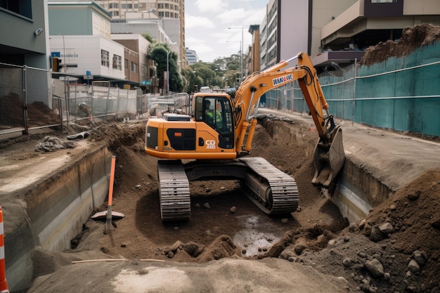 Matériel de construction lourd travaillant sur un chantier de construction Une excavatrice creusant une fosse profonde sur une route urbaine Générée par l'IA