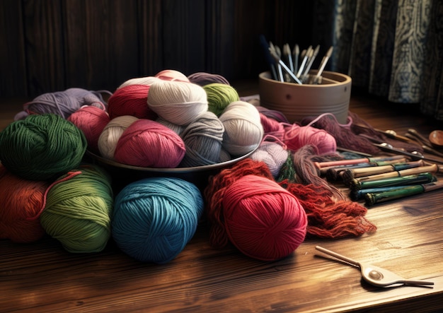 Matériel de tricot affiché sur une table en bois rustique