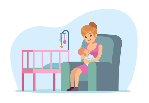 Maternité allaitement mère assise et allaitant un nourrisson Maman aimante avec un nouveau-né dans ses bras assise Parentalité et enfance Illustration plate de dessin animé Concept vectoriel
