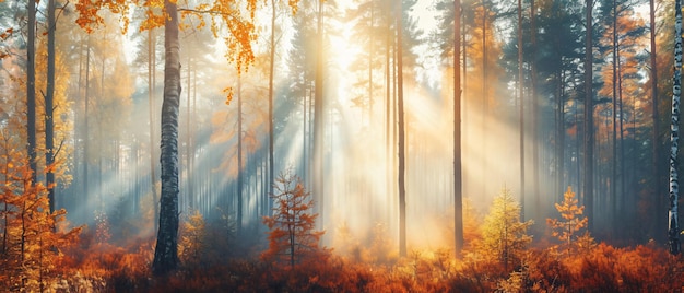 Un matin d'automne coloré avec un brouillard vif et la lumière du soleil