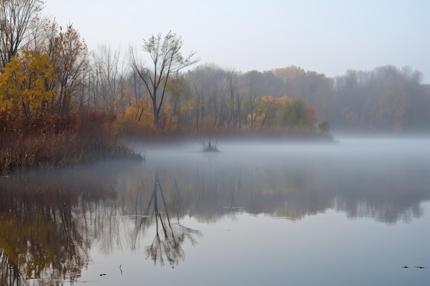 Matin brouillard flottant au-dessus de l'eau calme créé avec générative ai