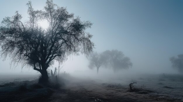 Un matin brumeux avec des arbres au premier plan et le soleil qui brille à travers le brouillard.