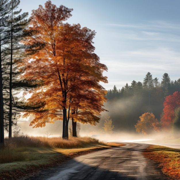 Matin brumeux avec des arbres changeant de couleurs