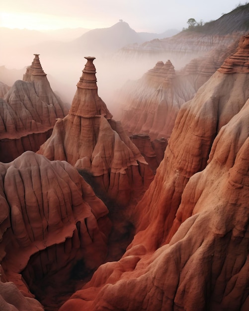Un matin brumeux dans le désert de la Tatacoa avec ses formations rocheuses uniques
