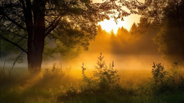 Un matin brumeux dans la forêt avec un arbre au premier plan