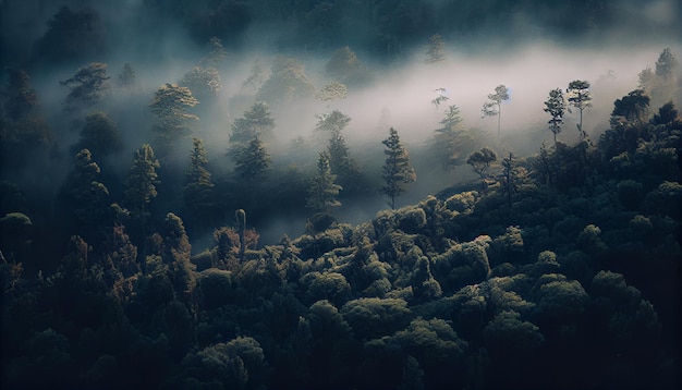 Matin brumeux dans la forêt de conifères ai générative