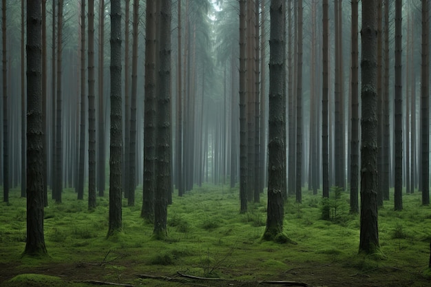 Matin brumeux dans une forêt de pins dense