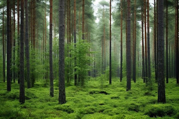 Matin brumeux dans une forêt de pins dense