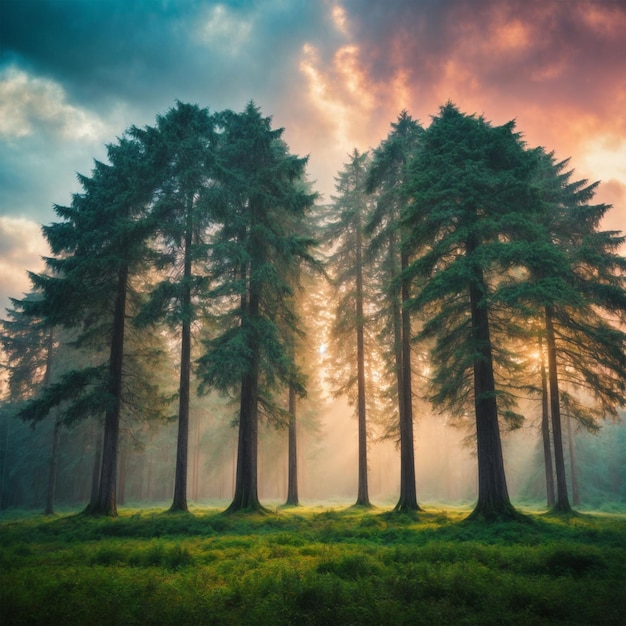 Matin brumeux dans la forêt de pins Scène dramatique Monde beauté