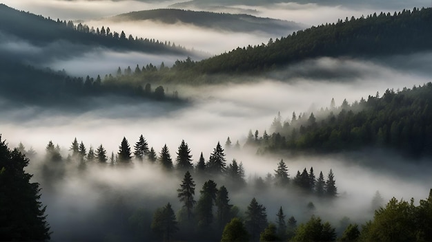Un matin brumeux avec de hauts arbres dans une vallée entourée d'un brouillard dense ai génératif