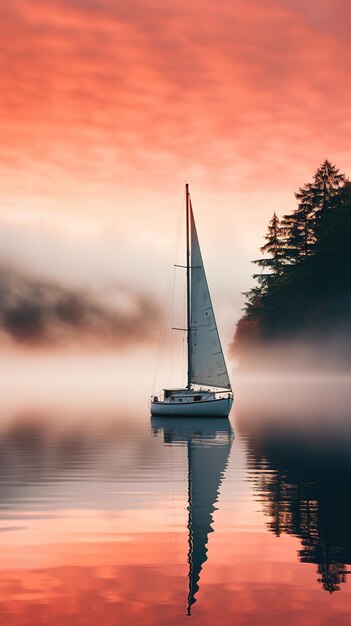 Un matin brumeux en mer où un voilier solitaire glisse gracieusement à travers le brouillard