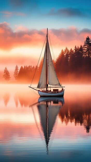 Un matin brumeux en mer où un voilier solitaire glisse gracieusement à travers le brouillard