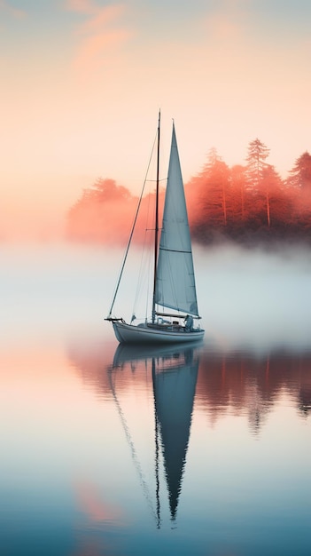 Un matin brumeux en mer où un voilier solitaire glisse gracieusement à travers le brouillard