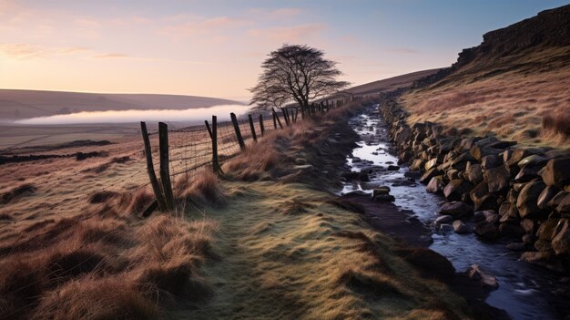 Photo le matin brumeux paysage britannique traditionnel avec une clôture en pierre et un ruisseau