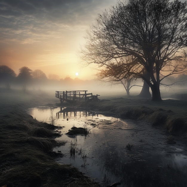 Matin brumeux avec paysage brumeux Fond d'écran